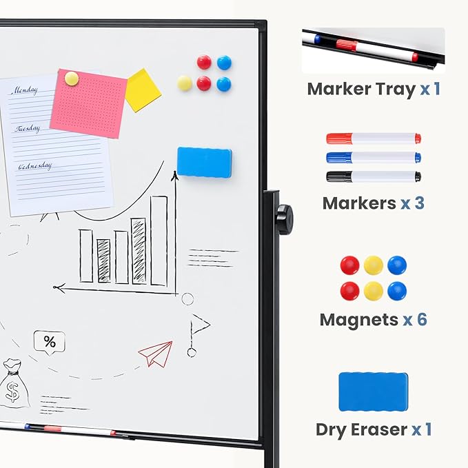DUMOS Rolling Whiteboard Double Sided 46 x 32 Inches, Magnetic White Board Dry Erase on Wheels, Dry Erase Board with Stand for School, Office and Home, Silver Aluminium Frame, Black