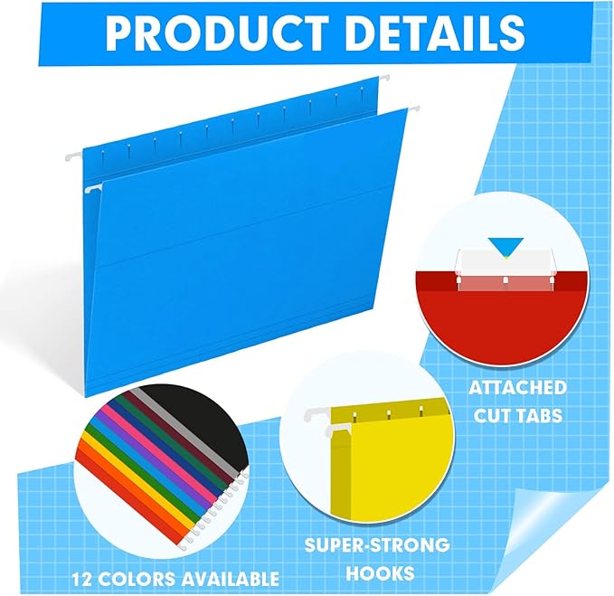 HERKKA Hanging File Folders, 60 Pack Reinforced Letter Size Hanging Folders with Heavy Duty 0 Inch Expansion, Designed for Bulky Files, Medical Charts, 1/5-Cut Adjustable Tabs, 12 Assorted Colors