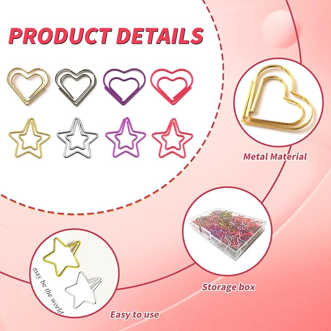 Hesena 200 Pcs Cute Paper Clips Set, 100 Pcs Heart & 100 Pcs Star Shaped Shape Paper Clipss, for Office and Home (Heart Shape+Star Shape)