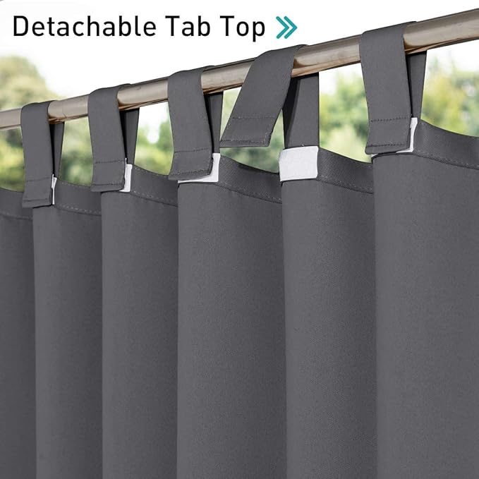NICETOWN 2 Pieces Extra Wide 84" Outdoor Curtainss for Patio Waterproof, Detachable Hook & Loop Self-Sticky Tab Top Blackout Outdoor Blinds Drapes Heavy Weight for Cabana/Terrace, 84" Long, Grey