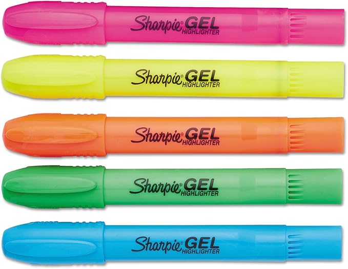 Sharpie Gel Highlighters Bullet Tip Assorted Fluorescent Highlighter Markers 5 Count Pack Smear And Bleed Resistant Long-Lasting And Won'T Dry Out