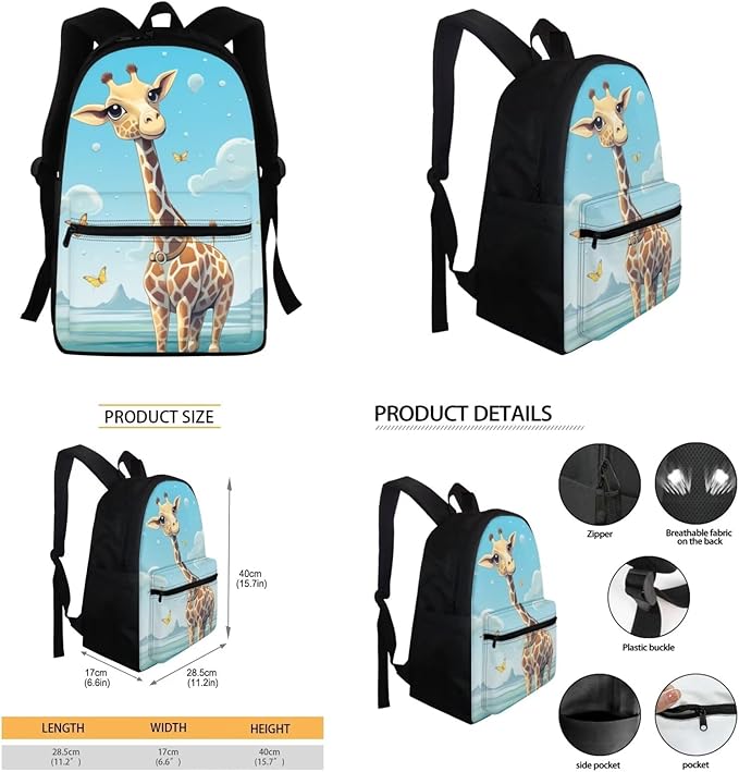 Giraffe Backpack for Girls 6-8 8-10 10-12 Boys School Bag with Lunch Box and Pencil Case Kids Schoolbag Elementary Kindergarten Preschool Middle School Bookbag Water Bottle Cover