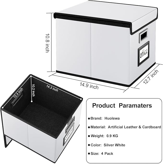 Huolewa Portable Leather File Organizer Boxes with Lids, Office Document Boxes Organizer, Filing Boxes, Decorative Small File Boxes for Hanging Files, File Cabinet for Office/Home - 4 Pack