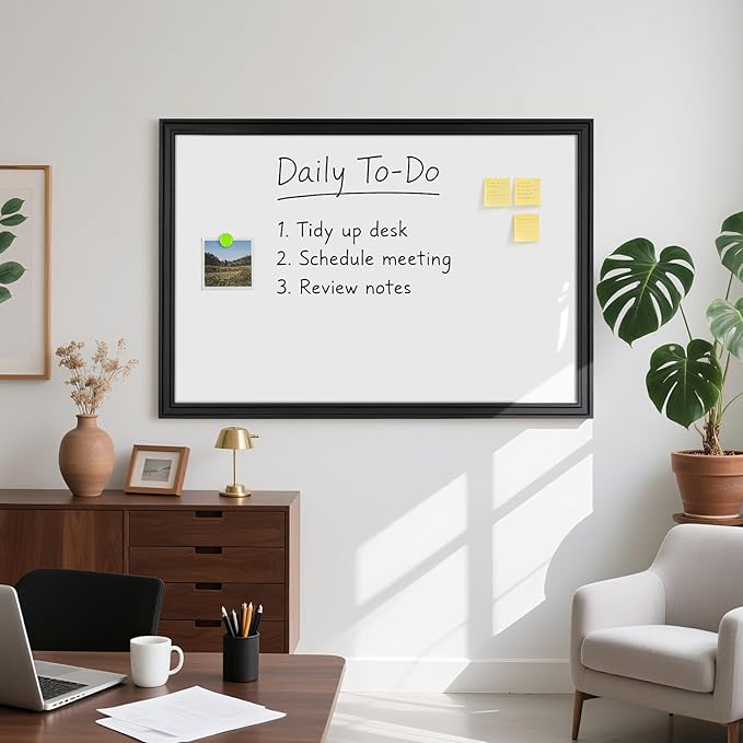 Large White Board for Wall, 48'' x 36'' Magnetic Dry Erase Board, 4'x3' Decorative Whiteboard with Black Wooden Frame, Hanging Writing Board for Home Office School Classroom