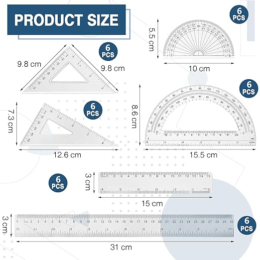Tenare 36 Pcs Plastic Clear Math Set Includes Protractor Triangle Rulers 12 Inch 6 Inch Straight Geometry Math Transparent Ruler Measuring Tool for Office Home Supplies