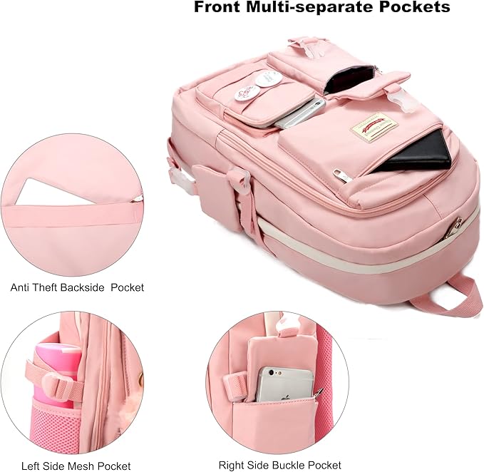 Hidds School Backpack for Teen Girls Women College Laptop Backpacks Kids Cute Bookbag Set with Lunch Box Pencil Case Elementary Middle High Campus Bag 3 Pcs Students Bookbags Sets Travel Daypack-Pink