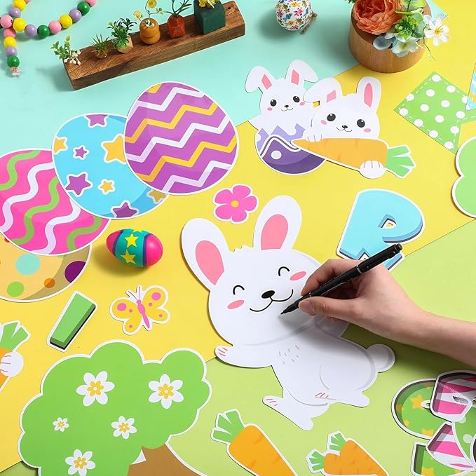 Pajean Easter Bulletin Boards Easter Classroom Decor Christian Religious Bulletin Board He is Risen Cross Bunny Egg Cutouts for Spring School Home Church Wall Door(Bunny)