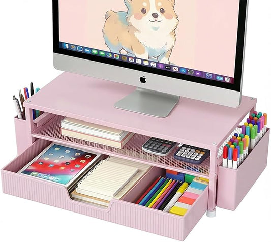 Desk Organizer and Accessories, 2-Tier Computer Monitor Stand Rise with Storage Drawer & 2 Pen Holders, Laptop & Printer Stand for Desktop, Workspace Organizers for Office Supplies (Pink)