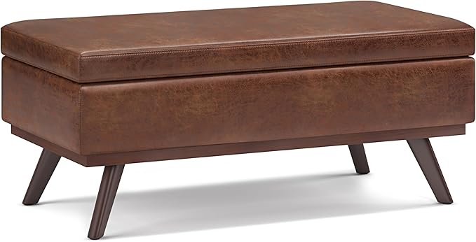 SIMPLIHOME Owen Lift Top Coffee Table Storage Ottoman - 42 inch Wide Upholstered Vegan Leather Rectangular Lift-Top Ottoman in Distressed Saddle Brown, Mid-Century Modern Ottoman for Living Room