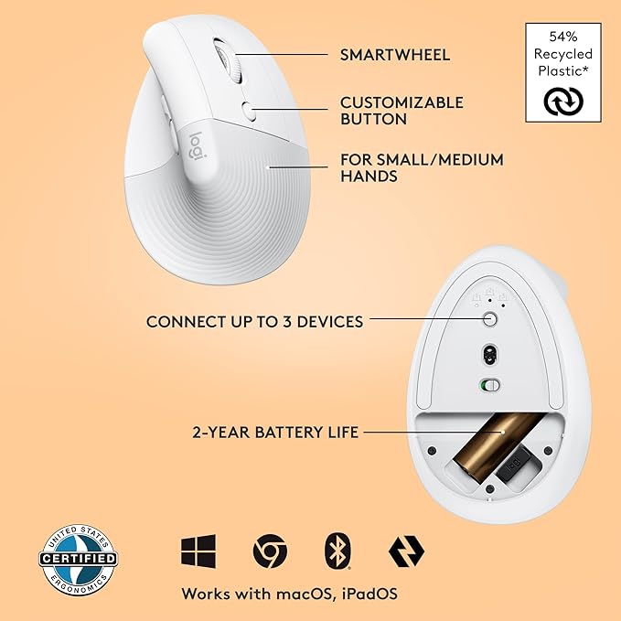 Logitech Lift Vertical Ergonomic Mouse, Wireless, Bluetooth or Logi Bolt USB Receiver, Quiet clicks, 4 Buttons, Compatible with Windows/macOS/iPadOS, Laptop, PC - Off White (Renewed)