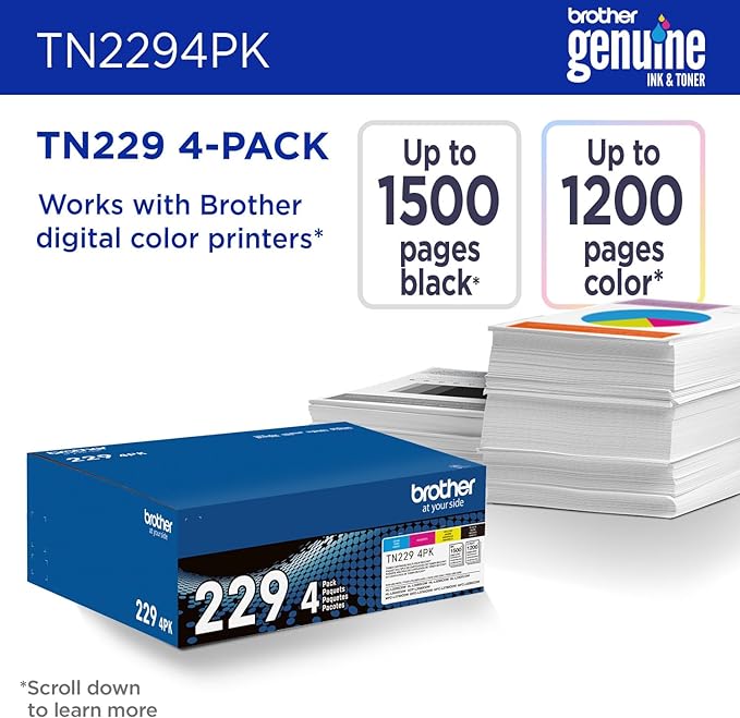 Brother Genuine TN2294PK Standard Yield 4-Pack Printer Toner Cartridges - Black, Cyan, Magenta, Yellow Toner Multipack