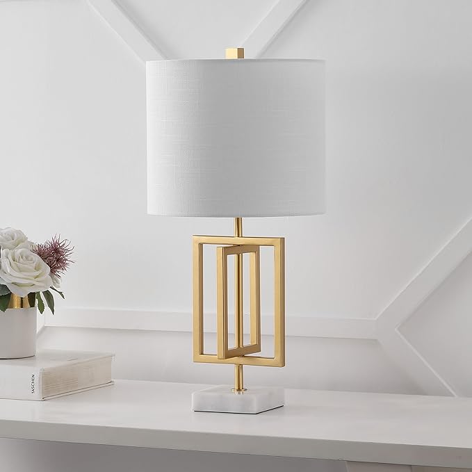 JONATHAN Y 20.25" Gold Contemporary Glam Metal and Marble Table Lamp, Modern Geometric Iron Desk Lamp for Bedroom Living Room, White Linen Shade, LED Bulb Included JYL1039A