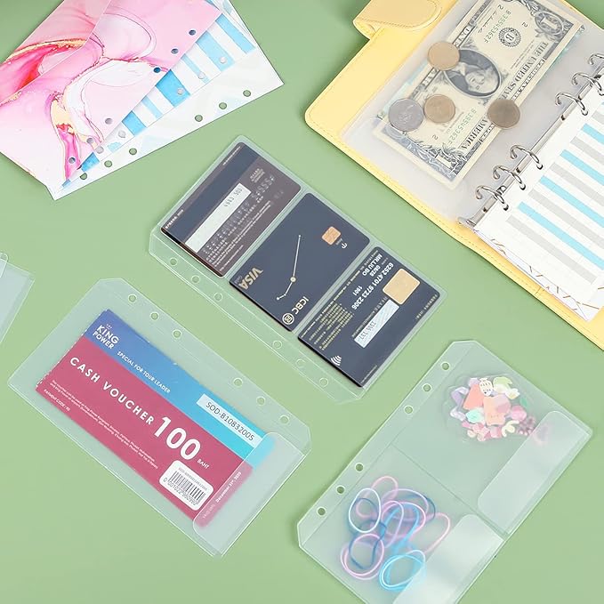 60pcs A6 Binder Pocket no Zipper Clear Budget Planner Inserts Bulk Budget Binder Organizer Cash Envelopes for Budgeting Waterproof PVC Loose Leaf Bags Card Sleeves for 6 Ring Notebook