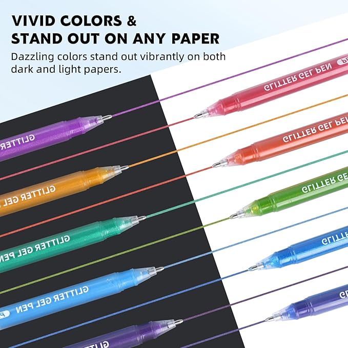 Glitter Gel Pens, 6 Colors Double Shining Colors Purple Glitter Metallic Gel Ink Pen with 1.0 mm Large Capacity Smooth Writing Color Pens for Adult Coloring Note, Drawing, Art Supplies