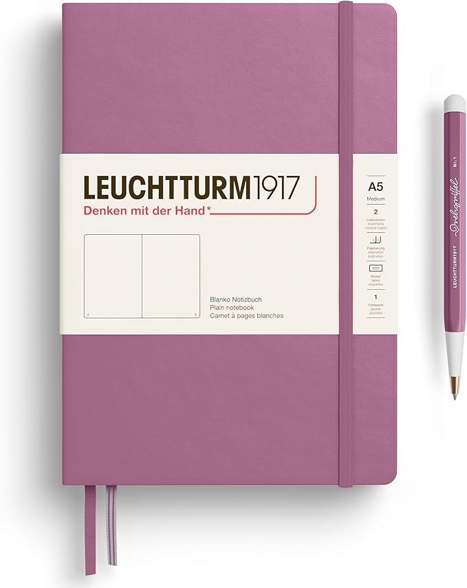 LEUCHTTURM1917 - Notebook Hardcover Medium A5-251 Numbered Pages for Writing and Journaling - Thinking Ahead (Plain Paper, Dusty Rose)