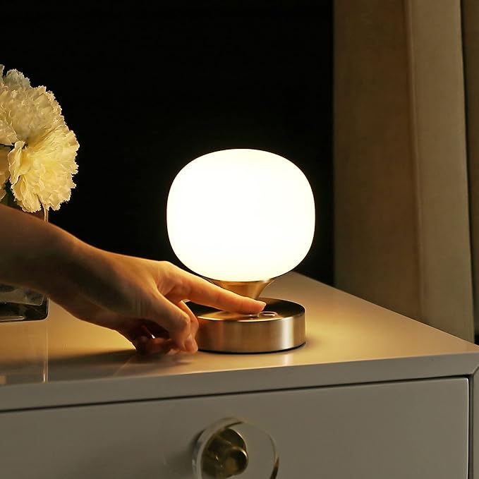 JONATHAN Y 6.13" Nickel/White Modern Cordless Rechargeable LED Table Lamp, Frosted White Glass Shade, Touch Dimmable Mini Accent Light for Bar, Bedroom, Nightstand (JYL7112B)