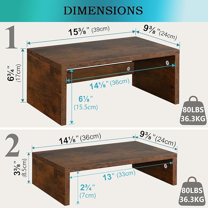 TEAMIX 2 Pack Monitor Stand Riser Rustic Brown,Wood 2 Tier Adjustable Monitor Stand Dual Monitor Riser for 2 Monitors/Laptop/PC Computer Stand Desktop Space Saver…