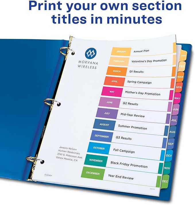 Avery Jan-Dec Dividers for 3 Ring Binders, 12 Tabs per Set, Customizable Table of Contents, Multicolor Tabs, Great for Organizing Reports, Projects, and More (11127)