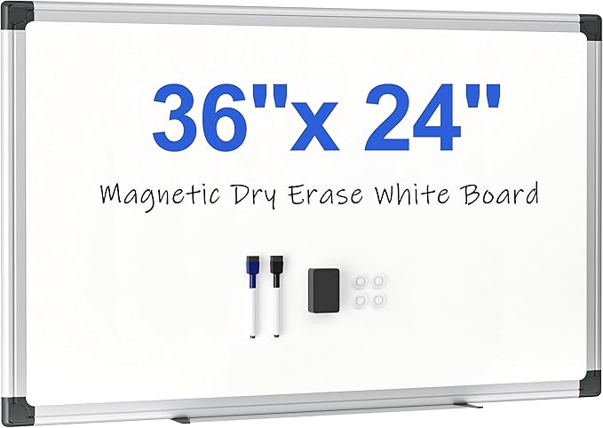 Magnetic Dry Erase Board 36 x 24 for Wall, Whiteboard for School, Classroom, Study & Home Office – Silver Aluminum Frame with 2 Markers, 4 Magnets & Eraser