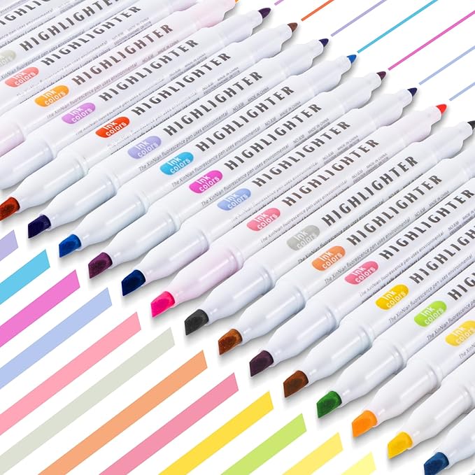 ZWlOT 30 Count Dual-Tip Highlighter Marker Set, Highlighters Assorted Colors, Quick-Drying Dual-Tip Fine-Point Highlighter Pen, Non-Bleeding Ink, Ideal for Bible Journals, Books and Notes (30 colors)