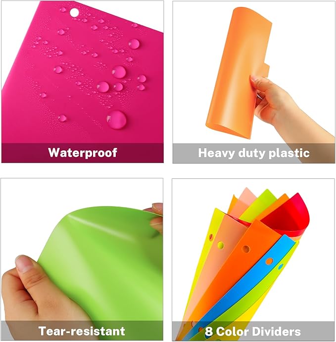 Binder Dividers with Tabs, Sturdy Plastic 3 Ring Binder with 8-Tabs, Colorful Page Protectors for School, 3 Set (24 Pcs)
