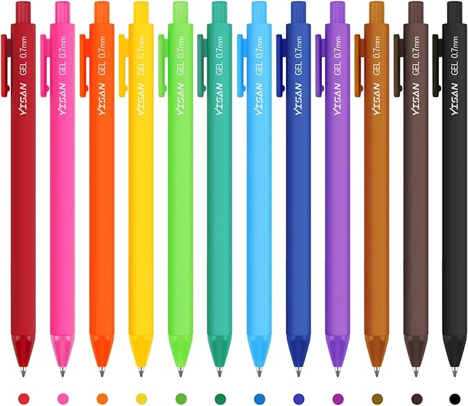 YISAN Colored Gel Pens,Journal Pens 0.7 mm Colorful Ink Pens,Fine Point Fast Dry 12 Assorted Colors,Smooth Writing for Journaling and Note Taking,Retractable,Roller Ball Point,71044