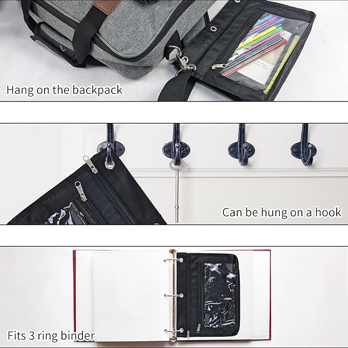 YoeeJob 6 Pack 1 Inch Expandable Zipper Pencil Pouches with Clear Window for 3 Ring Binder, Suitable for School & Office（Black+Blue）