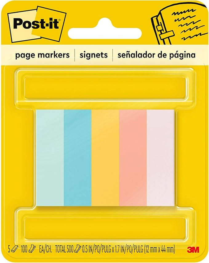 Post-it Page Markers, 1/2 in X 1-3/4 in, Assorted Bright Colors, 100 Sheets/Pad, 5 Pads/Pack (670-5AF2)