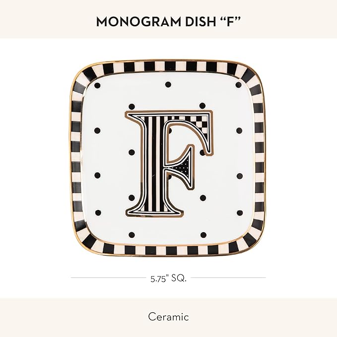 MACKENZIE-CHILDS Monogram Dish, Decorative Ceramic Letter Plate, 5 3/4" Square, F