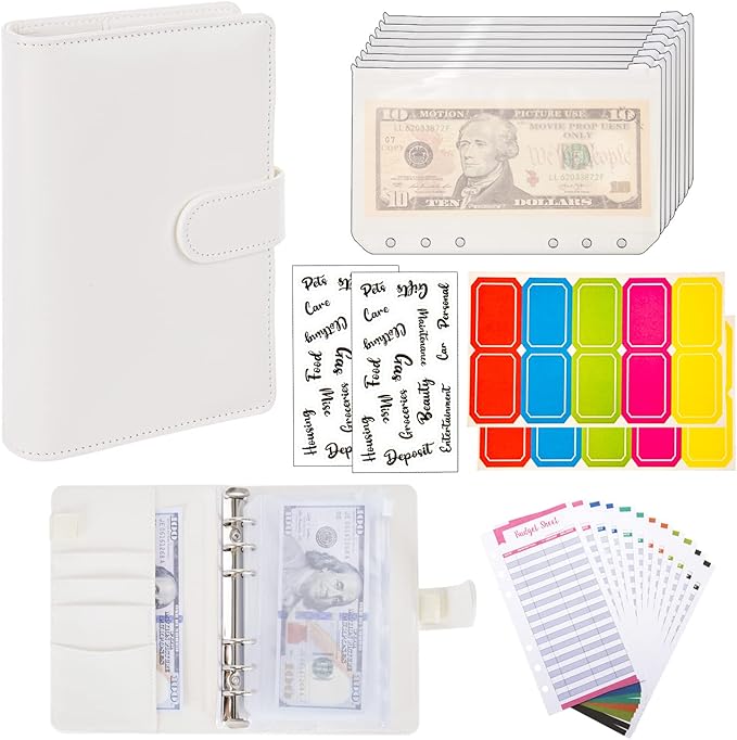 NICOOTHBudget Binder Cash Envelopes A6 Money Saving Binder with Zipper envelopes (White)