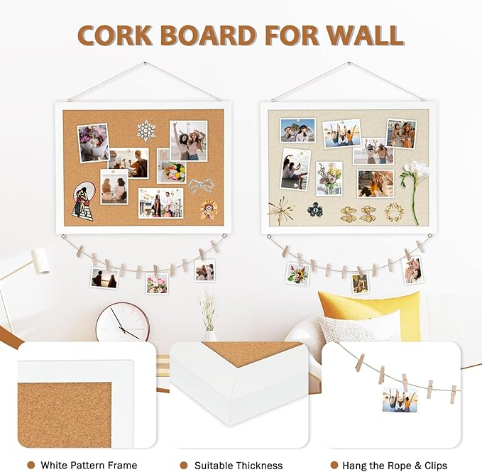 Double-Sided Large Cork Board with Linen, 36" x 24" Hanging Wood Framed Bulletin Board, Picture Display Vision Board Corkboards for Wall Room School Office Decor, 20 Pushpins,1pack