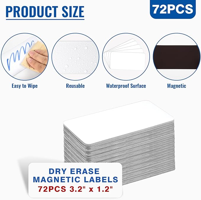 72 Pcs Dry Erase Magnetic Labels, 3.2 x 1.2 Reusable Writable Magnetic Name Tags Magnetic Label Stickers for Whiteboard, Refrigerator, Locker Classroom Office Home (White)