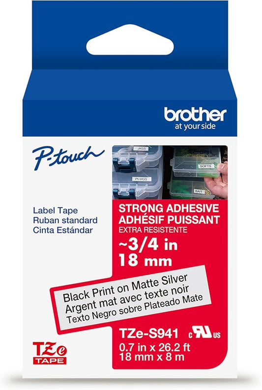 Brother Genuine P-Touch TZe Black Print on Matte Silver Label Tape (TZeS941), Strong Adhesive Laminated,3/4in x 26.2ft (18mm x 8m), for Select P-Touch Label Makers, Water-Resistant, Extra Strength