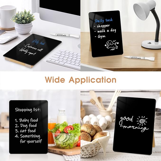Desktop Black Glass Dry Erase Board, Small Glass Whiteboard with Adjustable Wood Stand - Reusable Desk Notepad 9.5" x 6.7" for Home Office