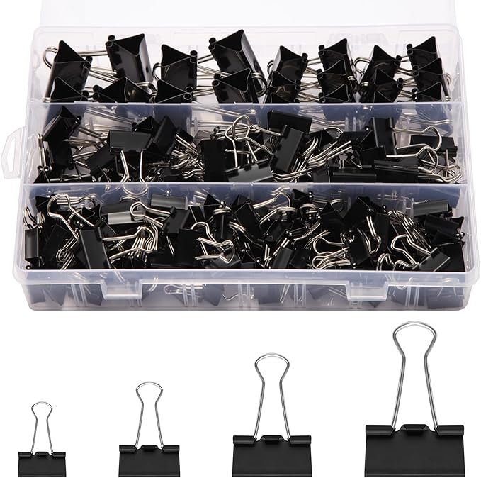 180 Pack All Black Binder Clips Bulk, 4 Size Assortment Includes Large, Medium, Small, Mini Metal Clips (1.26”, 1”, 0.75”, 0.6”), Heavy-Duty Metal Paper Clamps for Office & School Supplies