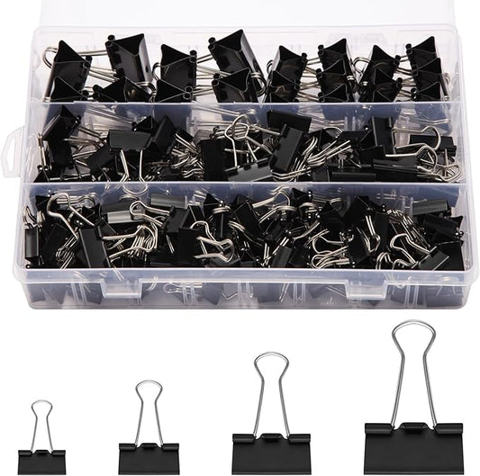 180 Pack All Black Binder Clips Bulk, 4 Size Assortment Includes Large, Medium, Small, Mini Metal Clips (1.26”, 1”, 0.75”, 0.6”), Heavy-Duty Metal Paper Clamps for Office & School Supplies