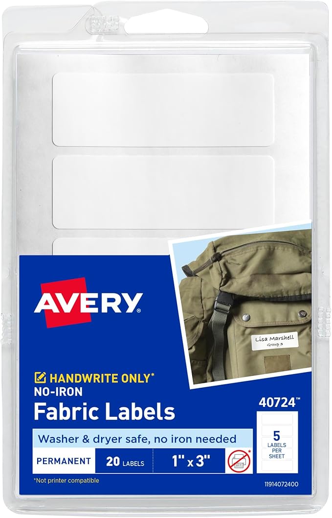 Avery No-Iron Fabric Labels, 1" x 3", Washer and Dryer-Safe Waterproof Labels, Non-Printable, 20 Total (40724)