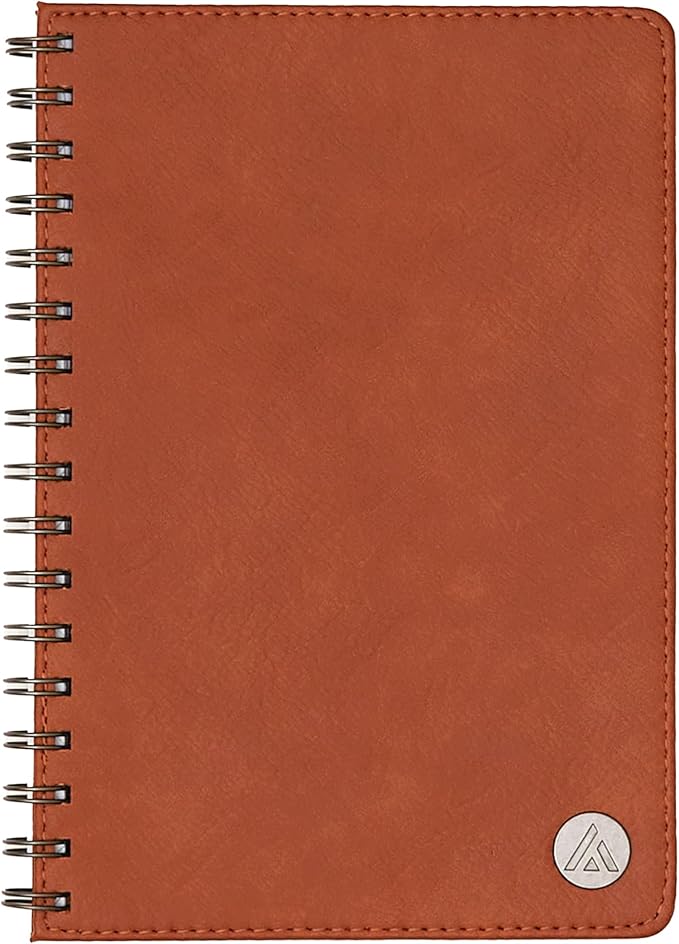 Blue Sky ASMBLD Undated Notebook, 160 Pages, 5.75" x 8.5", Safety Wirebound, Tan Faux Leather Cover, Lined Pages, Durable, Perfect for Office, Home, School, Journals