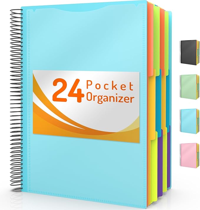 Forvencer 24 Pocket Project Organizer, 1/3-cut Tab Binder Organizer with Sticky Labels, Multi Pocket Folder with Zipper Pouch, Folder Binder Spiral Pocket Notebook, Office Supplies