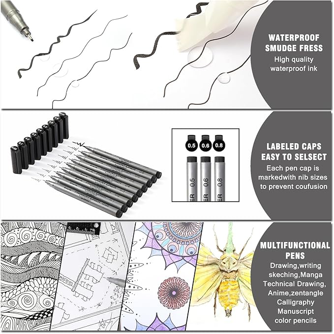 Precision Black Micro-Pen Fineliner Ink Pens, Waterproof Archival Ink, Drawing Pen, Artist Illustration Pens, Multiliner, for Art Watercolor, Sketching, Anime, Manga, Design, 9/Set(Black)