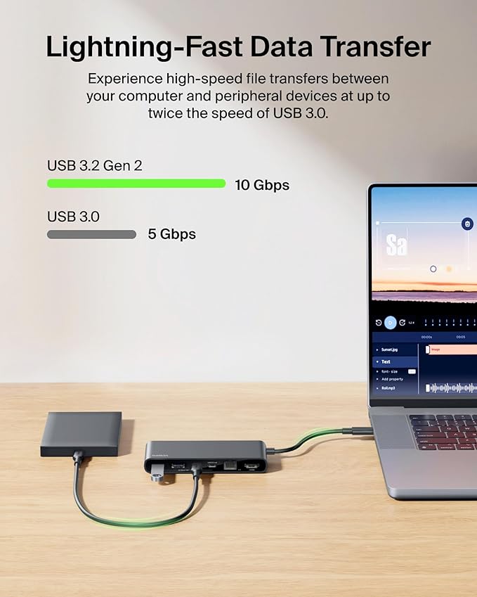 Belkin Connect 8-Port USB C Hub, Supports Display w/Resolutions up to 4K@60Hz - Works with Mac, Windows, and Chromebook - 100W PD w/ 10Gbps Data Transfer Speeds & 2.5Gbps Ethernet - Black