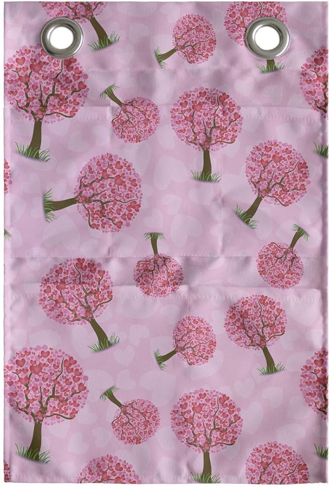 Ambesonne Valentine's Day Hanging Pocket Organizer, Continuous Pattern of Mini Hearts Romantic Tree Abstract Design, Printed Polyester Storage Bag with Pockets, 14" x 20", Pink and Pastel Pink