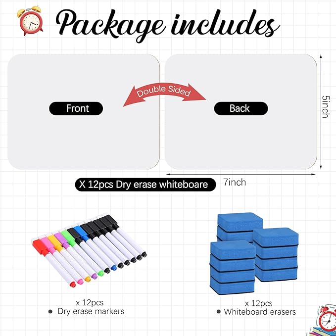 12 Sets Small Whiteboard Dry Erase Boards 5" x7'' Mini Double Sided Dry Erase Lap Boards with Markers Erasers Pen Holders Personal Whiteboards for Students Classroom Teacher