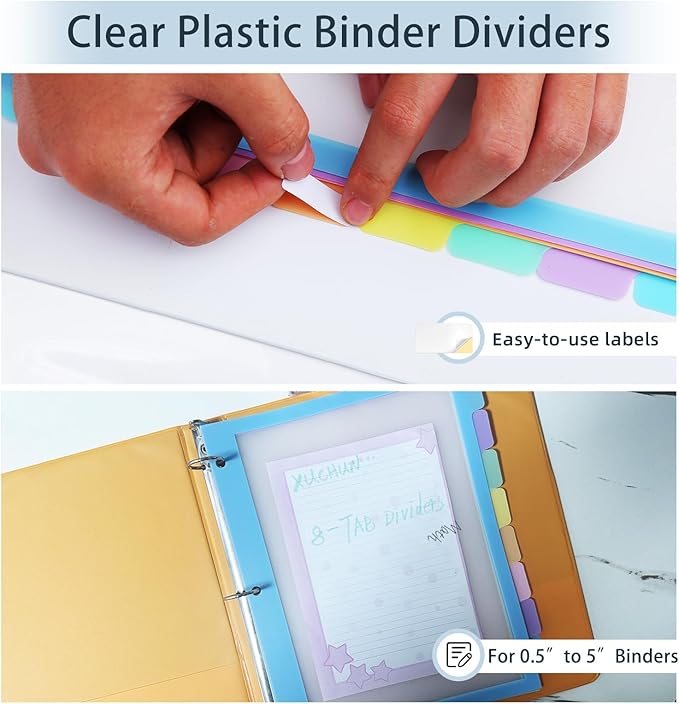 16Pcs/2 Set 8 Tab Dividers, Clear Plastic Binder Dividers with Tabs, for 3 Ring Binder, Letter Size, Multicolor