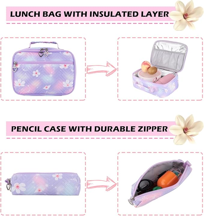 Girls Backpack with Lunch Box for Elementary Middle School,17 Inch Purple Lightweight School Backpack with Lunch Bags Set for Girls