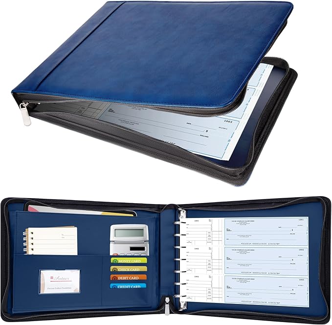 Antner Zippered 7 Ring Business Check Binder Portfolio for 3-Up Business Size Checks, PU Leather 7 Ring Checkbook Binder 600 Checks Capacity for 9" x 13" Sheets, Built-in Storage Organizer, Navy Blue