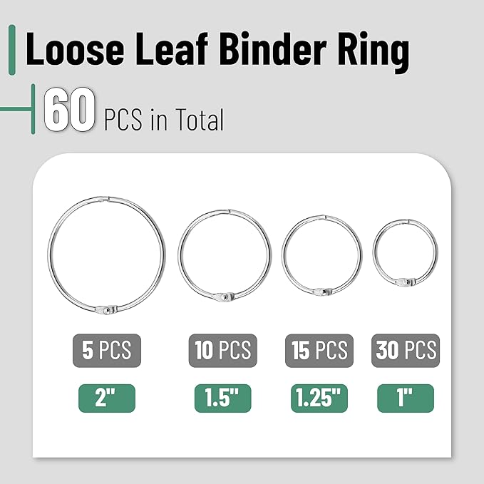 Mr. Pen Loose Leaf Binder Rings - 60 Pack, 4 Sizes, Silver Metal Rings for Index & Flash Cards
