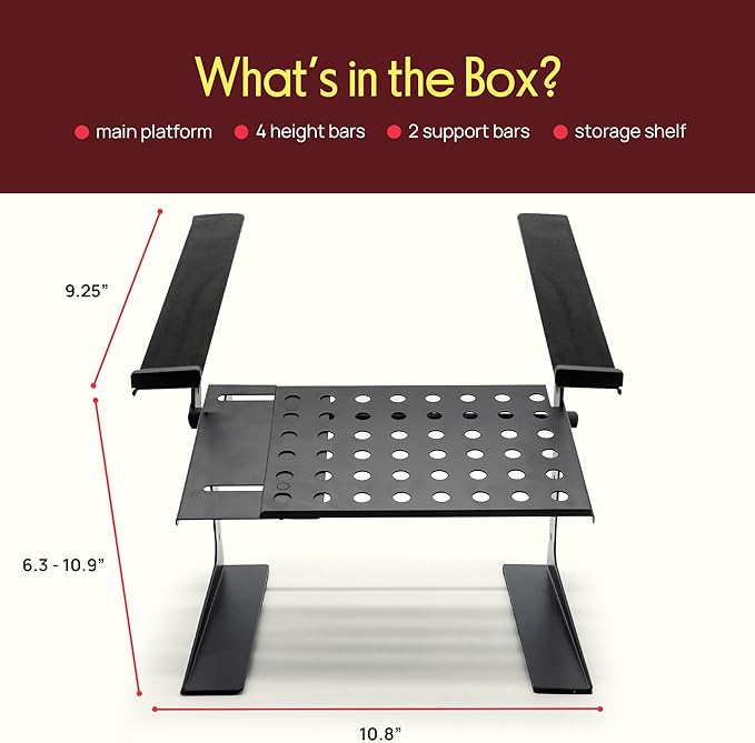 Pyle Adjustable Laptop Stand - Desk Riser for Laptop, CD Player/Controller, EFX Machine or Lighting Controller, with Shelf Storage, 4 Easy Line-It-Up Height Adjustments