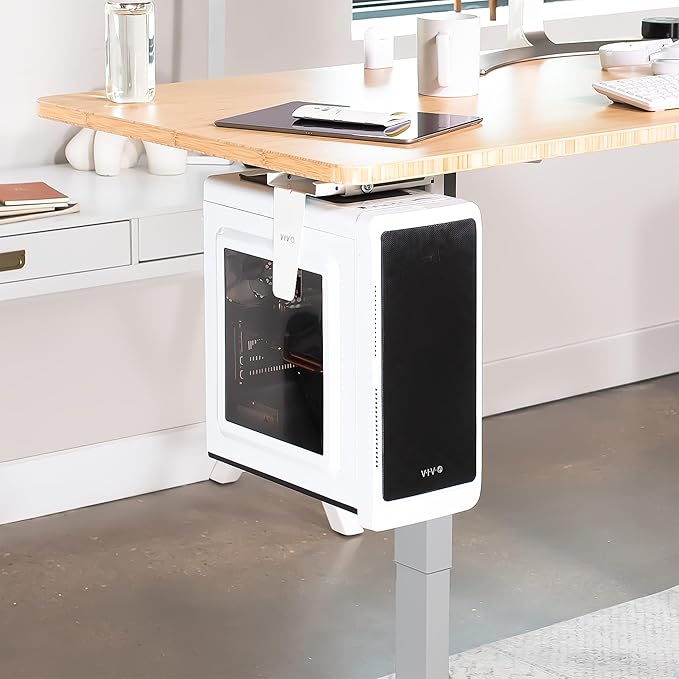 VIVO Adjustable Under Desk and Wall Mount for PC 3.5-7.8 inches Wide, Computer Case CPU Holder with Swivel and Secure Locking, White, MOUNT-PC01W