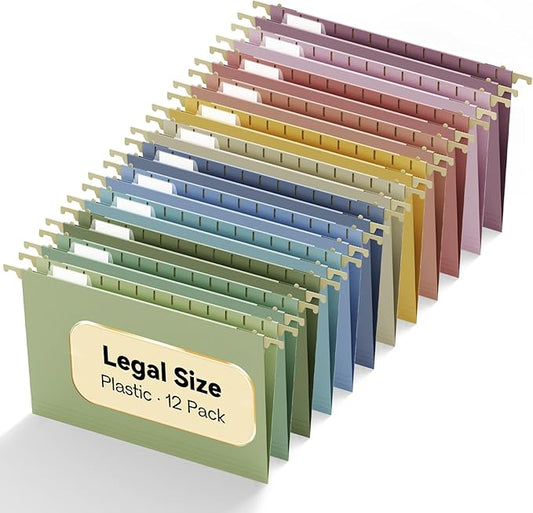 Legal Size Plastic Hanging File Folders Extra Capacity,12 Pack Sturdy Legal Hanging Folders for Filing Cabinet,Pastel Expandable Heavy Duty Hang Organizer Folder with Tabs,for Office School